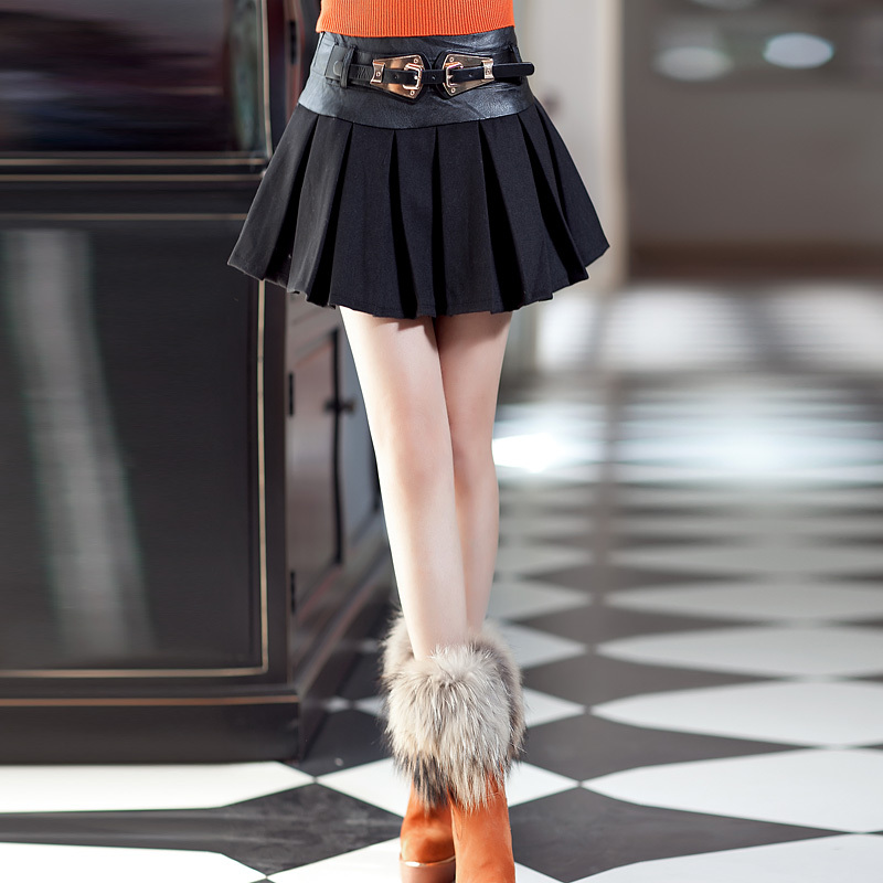 Winter cotton water washed leather metal decoration buckle pleated short skirt mt2315