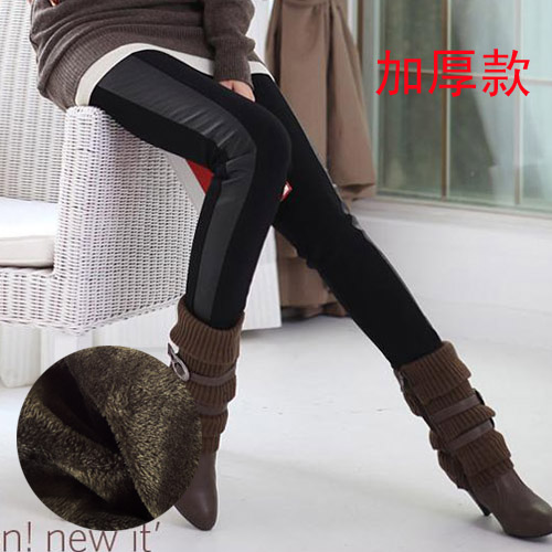 Winter double layer velvet thickening warm pants patchwork faux leather ankle length legging big