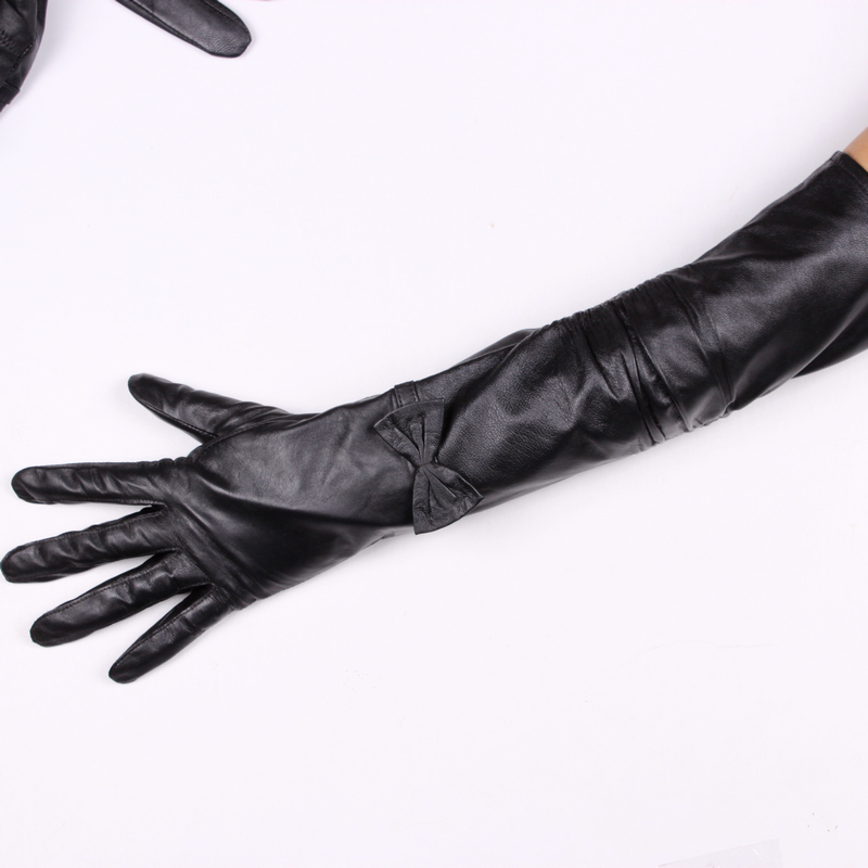 Winter fashion bow genuine leather long gloves ultra long sheepskin gloves