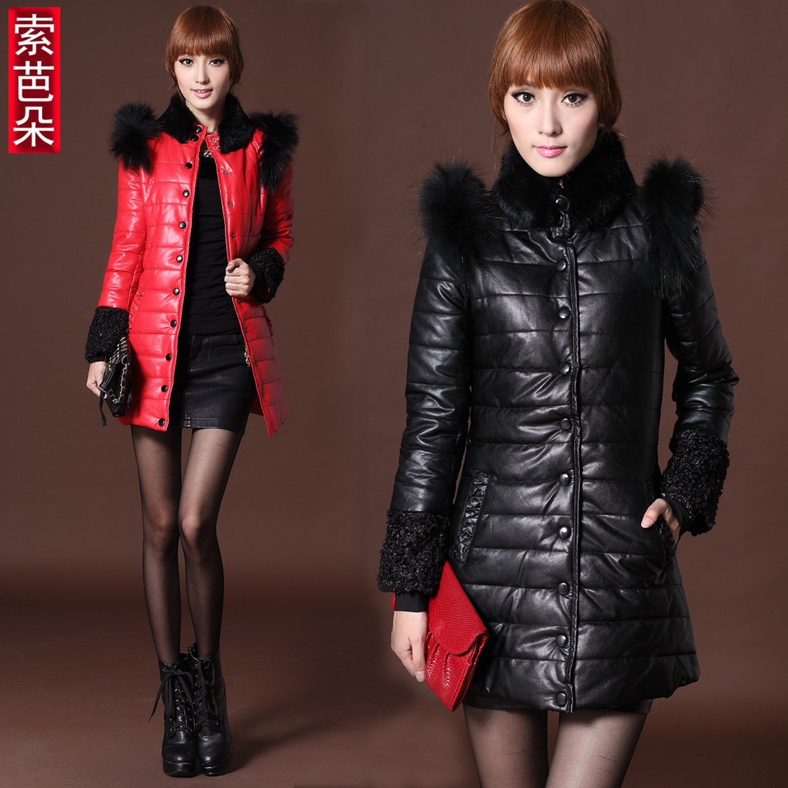 Winter fashion female medium-long PU leather wadded jacket water washed leather coat fox fur collar leather clothing 1292