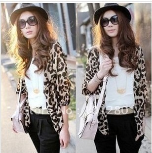 Winter fashion leopard print waist chiffon half sleeve cardigan short jacket c11