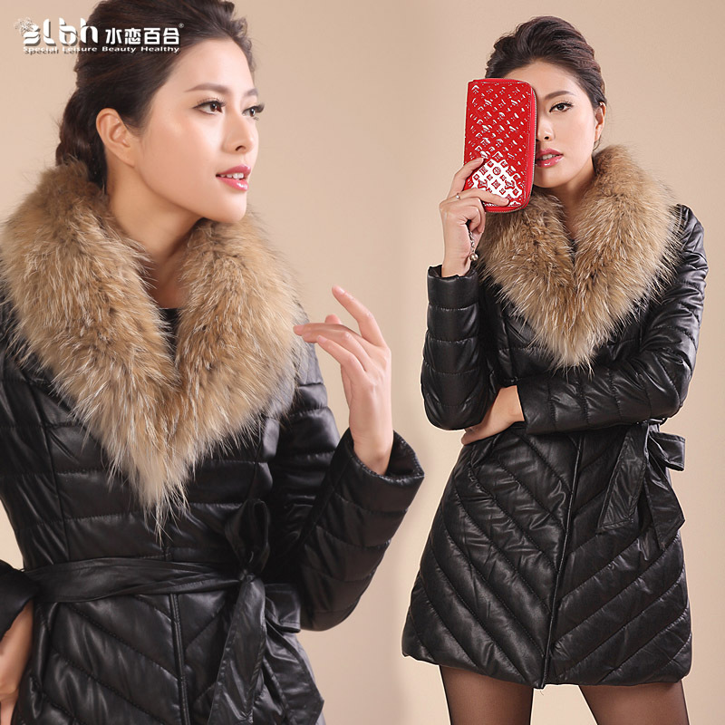 Winter fashion oversized raccoon fur PU clothing medium-long slim thick outerwear leather wadded jacket female