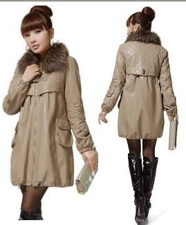 Winter fashion slim belt plaid leather pew raccoon fur PU wadded jacket long design leather clothing