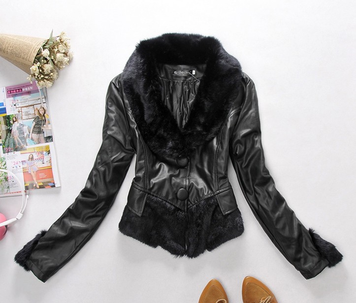 Winter fashion Splice collars warm single breasted coat, wool imitation leather locomotive dress PU women jacket leather