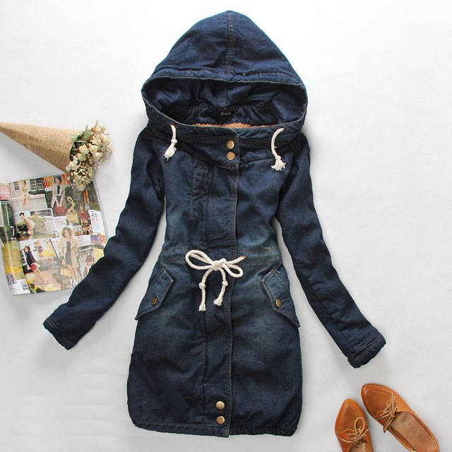 winter fashion women lined fur artificial cashmere warm long denim thicken coat Hooded outerwear cotton-padded coat