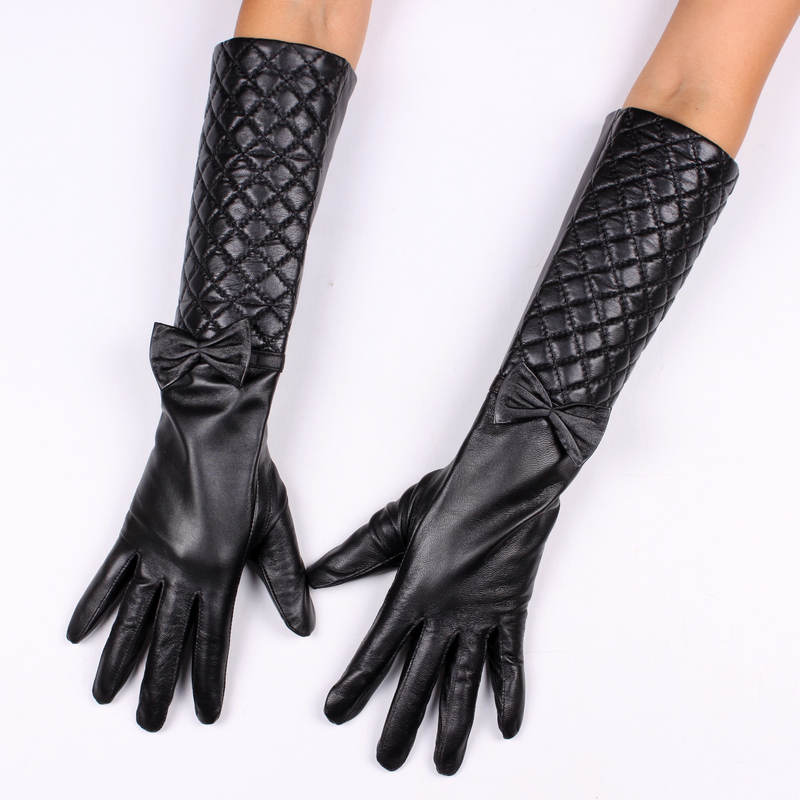 winter Fashion women's genuine leather long gloves padded bow sheepskin gloves