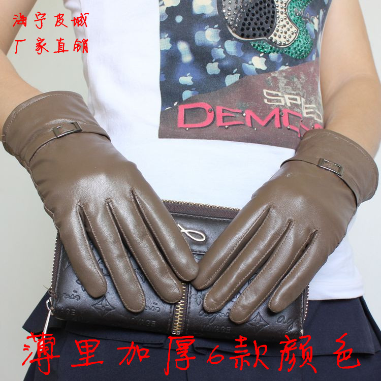 Winter femal leather gloves genuine sheepskin gloves plus cotton thickening thermal coral fleeces