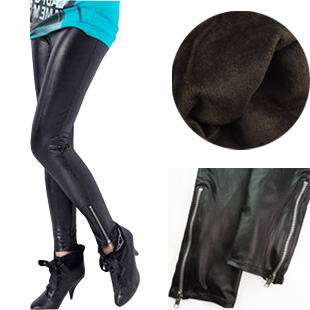 Winter female double layer velvet thickening warm pants faux leather zipper ankle length legging plus size available