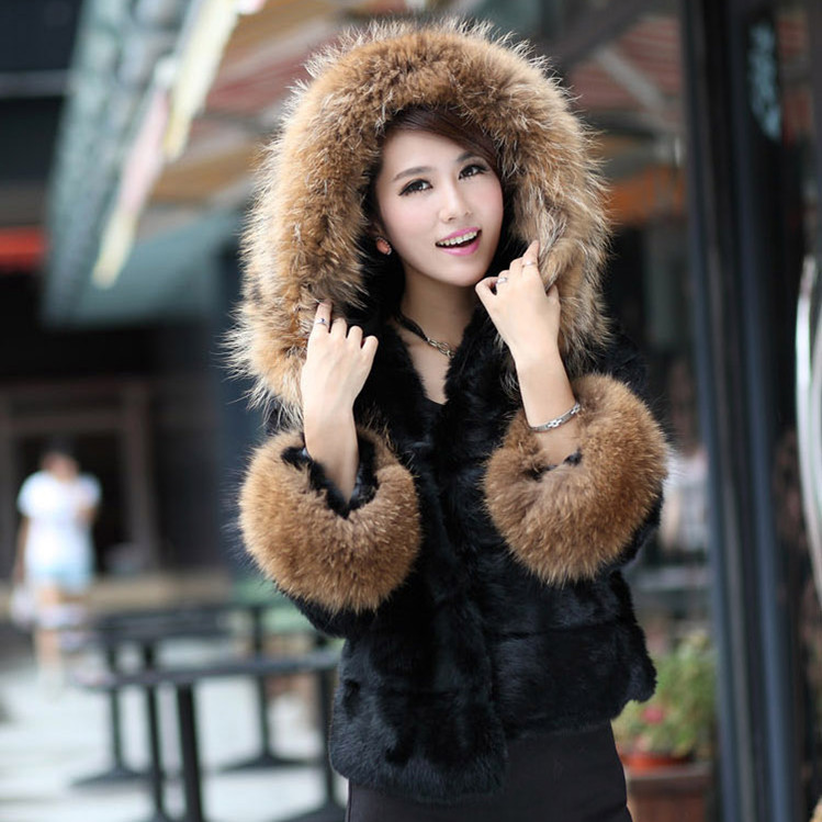 Winter fur rex rabbit hair outerwear large raccoon fur hooded women's lace