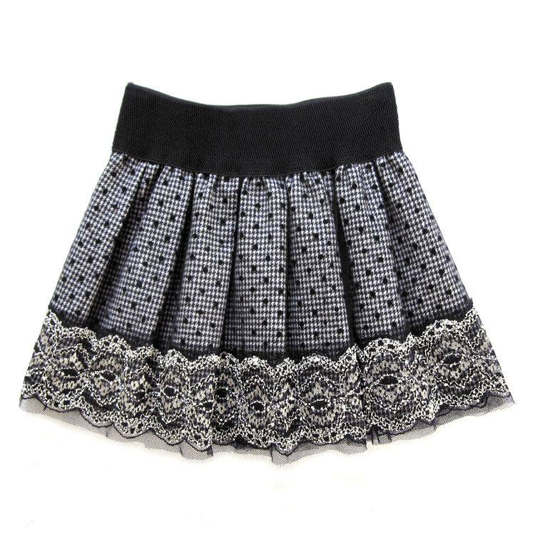 Winter gentlewomen lace decoration dot yarn houndstooth woolen pleated skirt miniskirt 2 Leather fashion