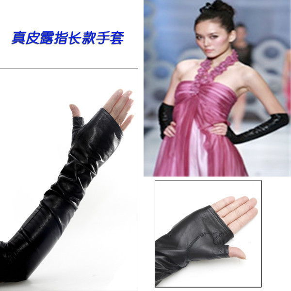 Winter genuine leather long design gloves sheepskin genuine leather gloves women's semi-finger lucy refers to long gloves arm