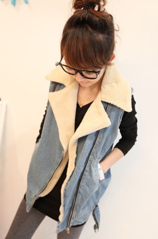 Winter handsome oblique zipper berber fleece denim vest cotton-padded jacket vest medium-long loose vest female