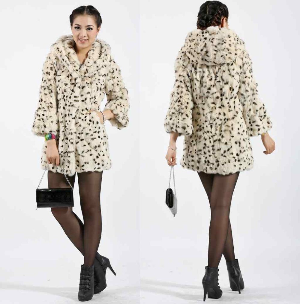 Winter Hight Quality Women Fur Coat Luxury Leopard Print Hooded Rex Rabbit Fur Outerwear For Women Coats Fashion 2012 LA0004