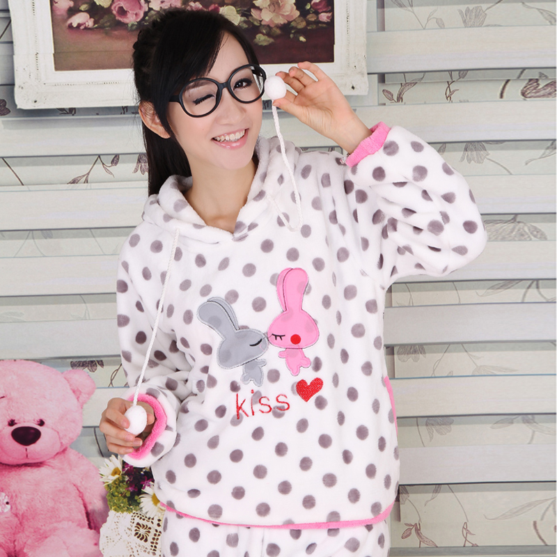 Winter Home Casual Hooded 'cute rabbit' Printing Flannel Women's Pajama Sets Free shipping / 2 color