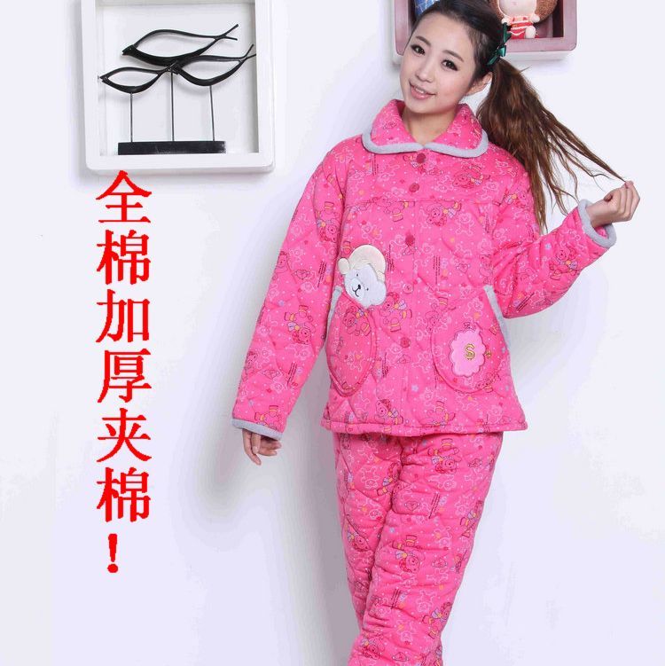 Winter hot-selling cartoon bear women's 100% cotton sleepwear thickening knitted cotton-padded sleepwear 100% cotton lounge set