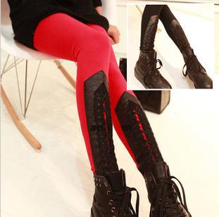 Winter in Europe and America new tie-wrap Patchwork Leather Leggings Free shipping