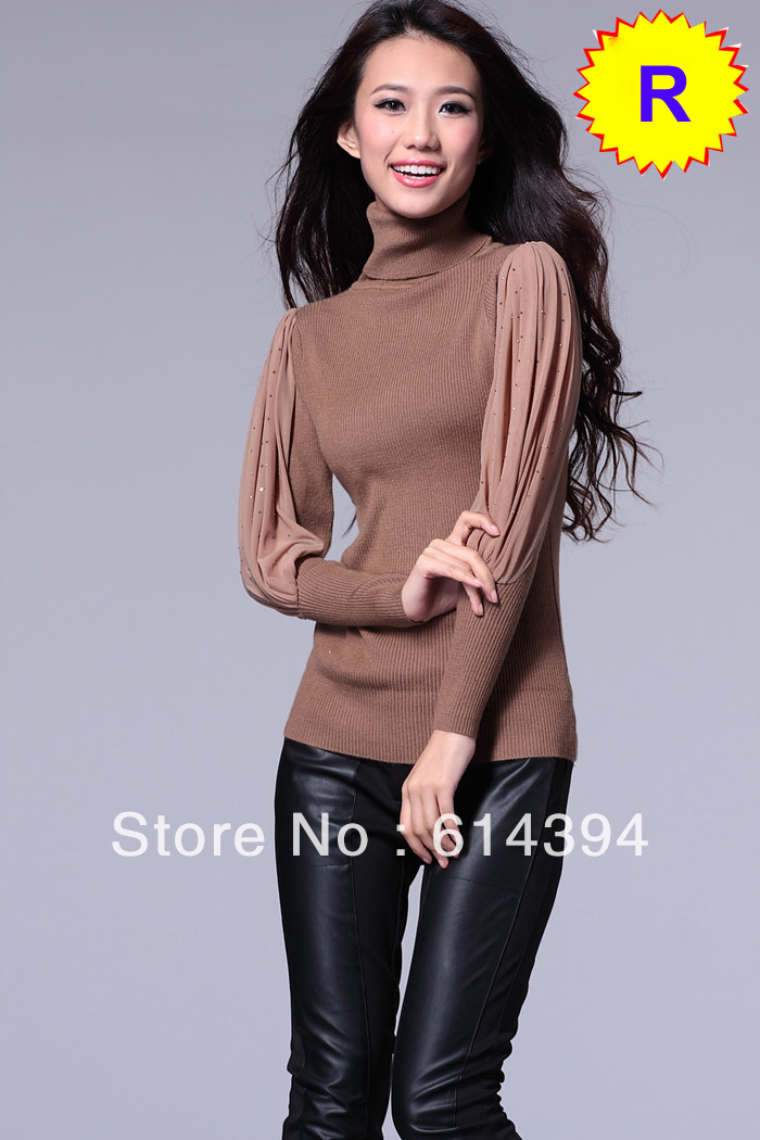 winter lady sweater slim fit turtle knitted bottoming women lace puff long sleeve free shipping drop shipping--ChinaChance--MM9