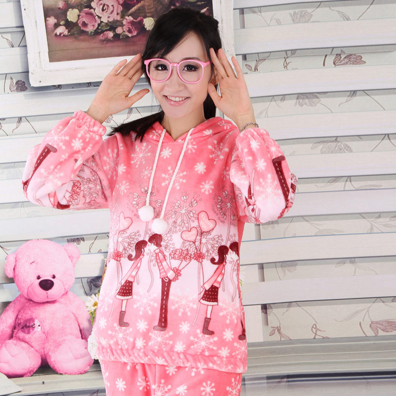 Winter latest style Character Print Hooded Flannel Pajama Sets Free shipping / 2 color