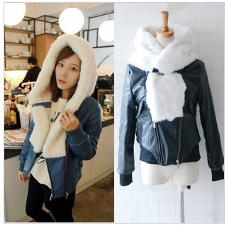 Winter leather clothing women outerwear fur collar thickening slim cap motorcycle zipper jacket plus cotton PU cotton-padded