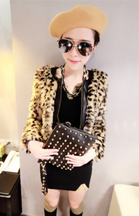 Winter leopard print fur edge leather coat fashion long-sleeve women's free shipping