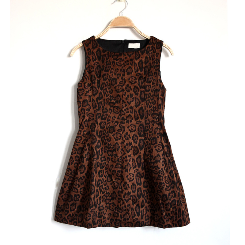 Winter leopard print rose two-color high quality leather goatswool slim fishbone one-piece dress basic skirt small western dress