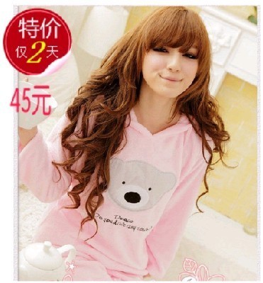 Winter long-sleeve with a hood bear thickening coral fleece sleepwear twinset lounge