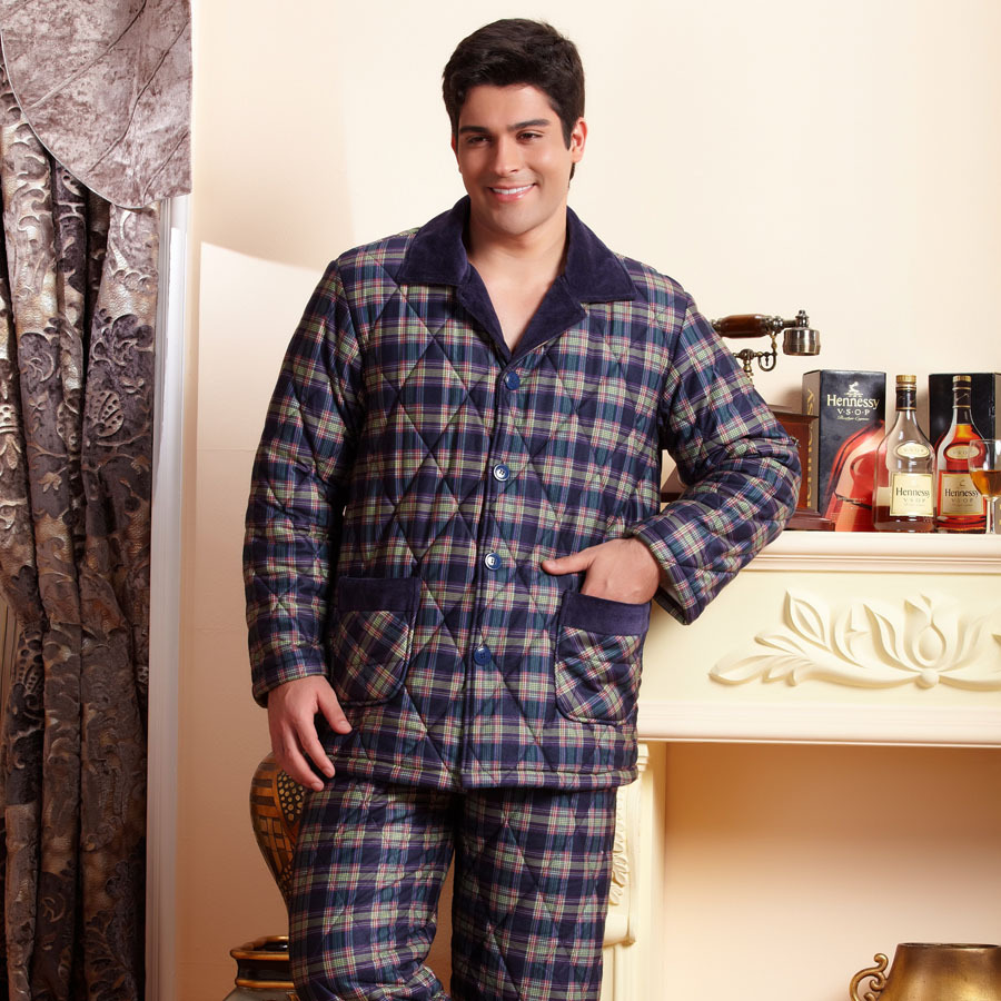 Winter lounge thickening turn-down collar cotton-padded male sleepwear long-sleeve set plus size