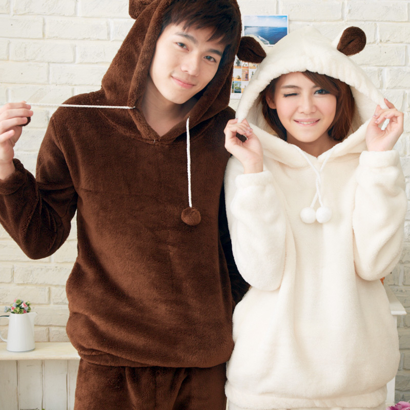 Winter lovely sleepwear male coral fleece sleepwear female set at home service thickening lovers lounge