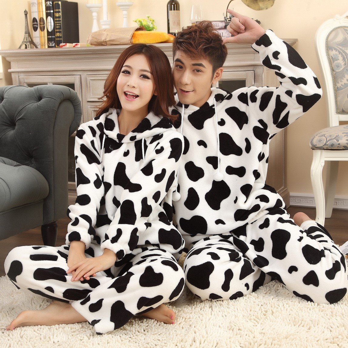 Winter lovers coral fleece sleepwear thickening warm and cartoon cow lounge long-sleeve set