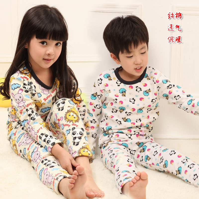 Winter male child female child 100% cotton plus velvet thickening thermal underwear set at home long johns long johns