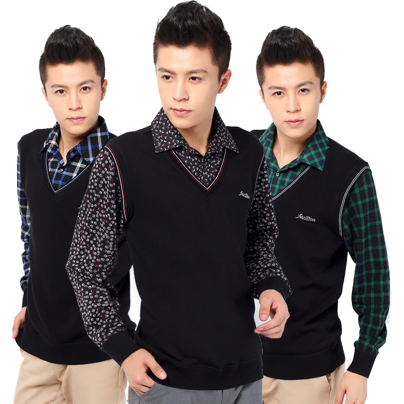 Winter male faux two piece shirt collar thermal upperwear underwear thickening plus velvet vest top