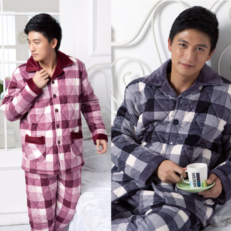 Winter male long-sleeve plaid thickening coral fleece clip cotton-padded jacket sleep set lounge at home service 301