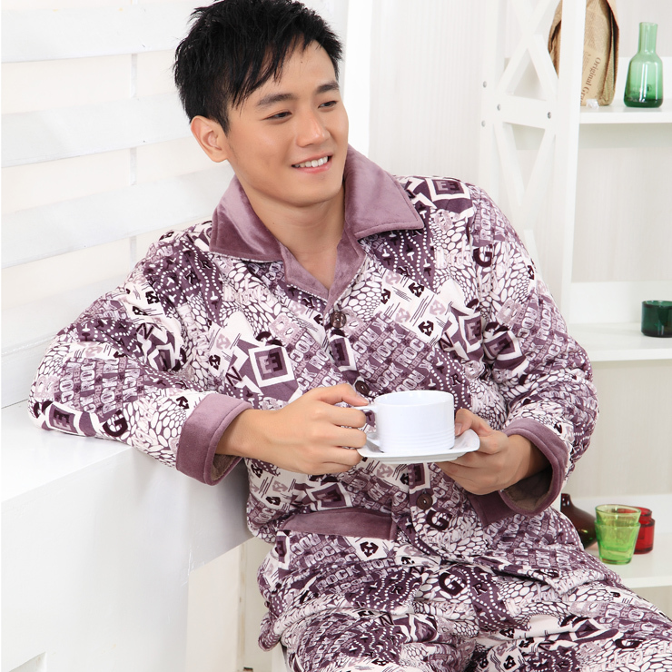 Winter male thickening coral fleece cotton-padded sleep set male wadded jacket thermal lounge sleepwear