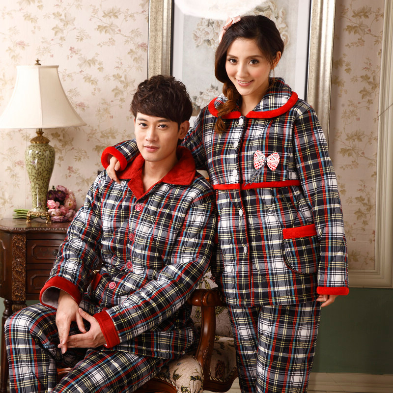 Winter male Women thickening sweet fashion plaid coral fleece cotton-padded sleepwear lovers