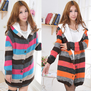 Winter maternity clothing maternity outerwear cardigan thickening 5-color plus velvet long design striped sweater