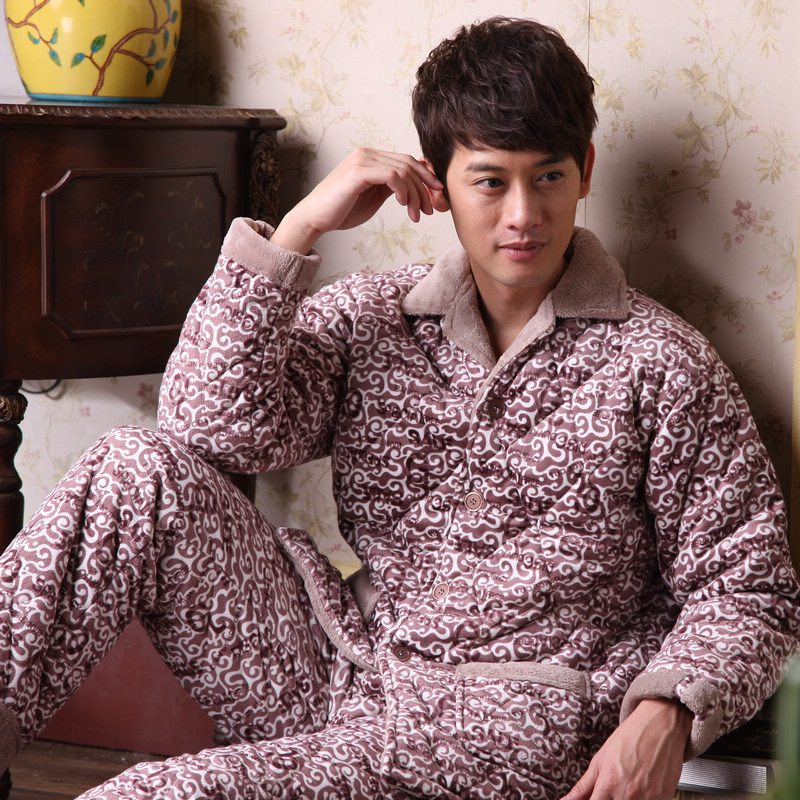 Winter Men thickening coral fleece cotton-padded sleepwear cotton-padded jacket set plus size 95732