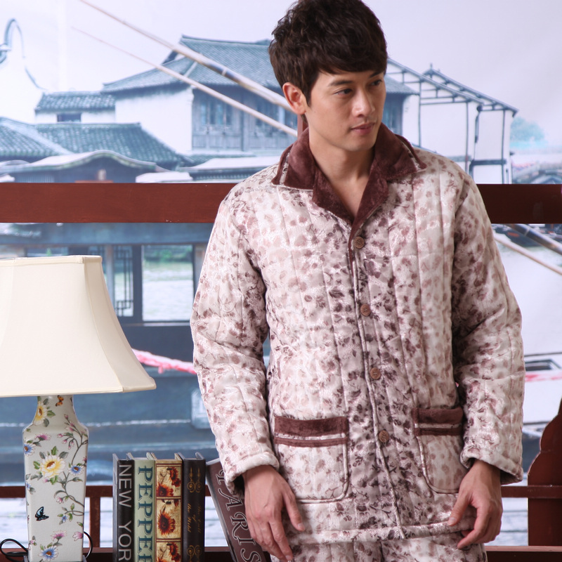 Winter Men thickening coral fleece cotton-padded sleepwear cotton-padded jacket set plus size 95809