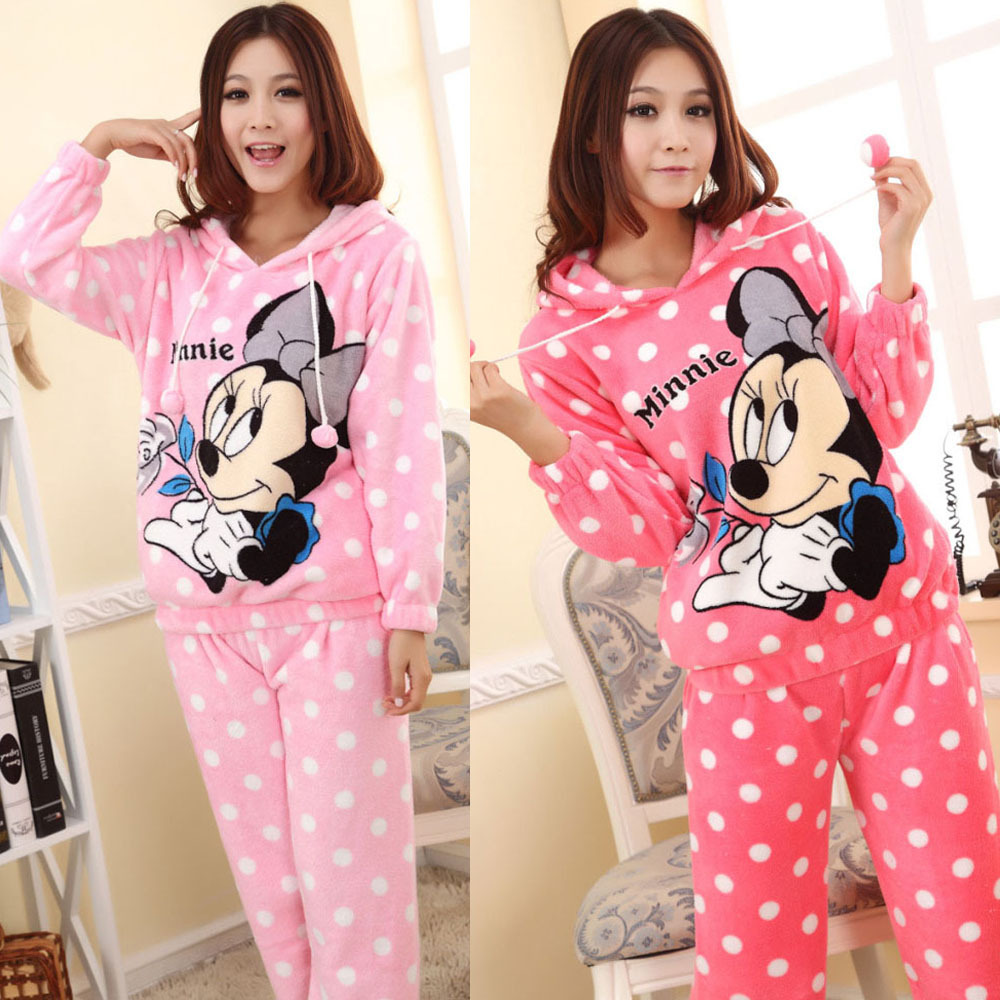 Winter MINNIE princess sleepwear long-sleeve set women's cartoon dot thickening casual coral fleece lounge Free Shipping