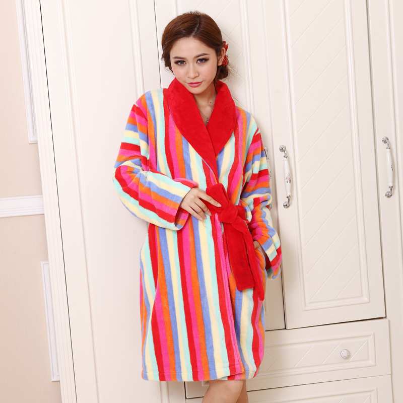 Winter new arrival brief stripe women's long-sleeve flannel robe lounge