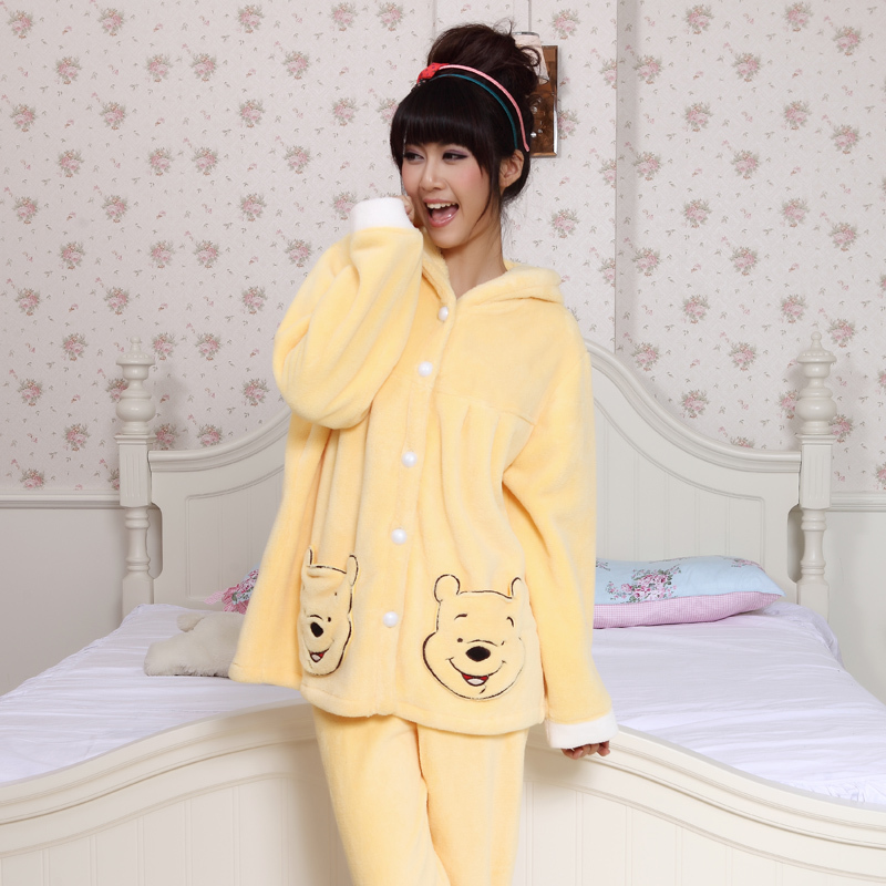 Winter new arrival cartoon women's long-sleeve with a hood coral fleece set sleepwear es206