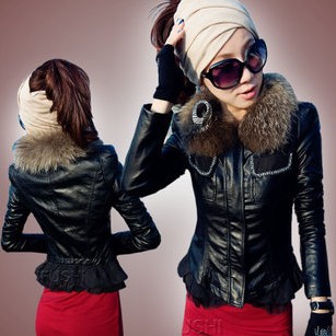 winter new arrival cool gorgeous fur collar ruffle card waist black leather clothing