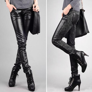 Winter new arrival female thickening plus velvet PU patchwork elastic slim pencil pants boot cut jeans denim trousers