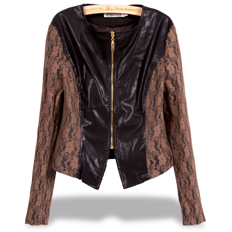 Winter new arrival lace sleeve fashion motorcycle PU clothing female short design jacket slim coat