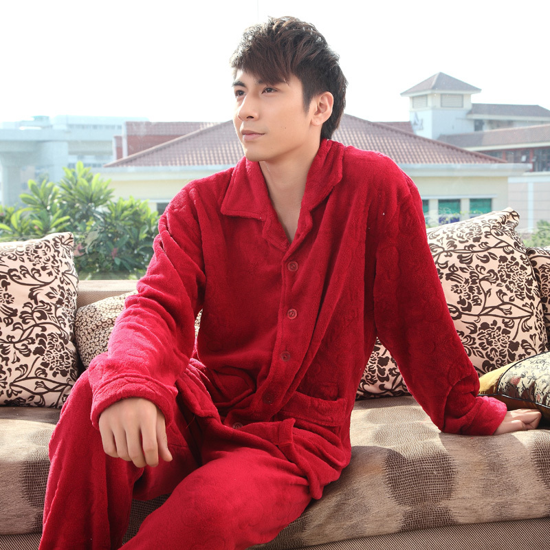 Winter new arrival male ceremonized solid color coral fleece long-sleeve set lounge sleepwear es201