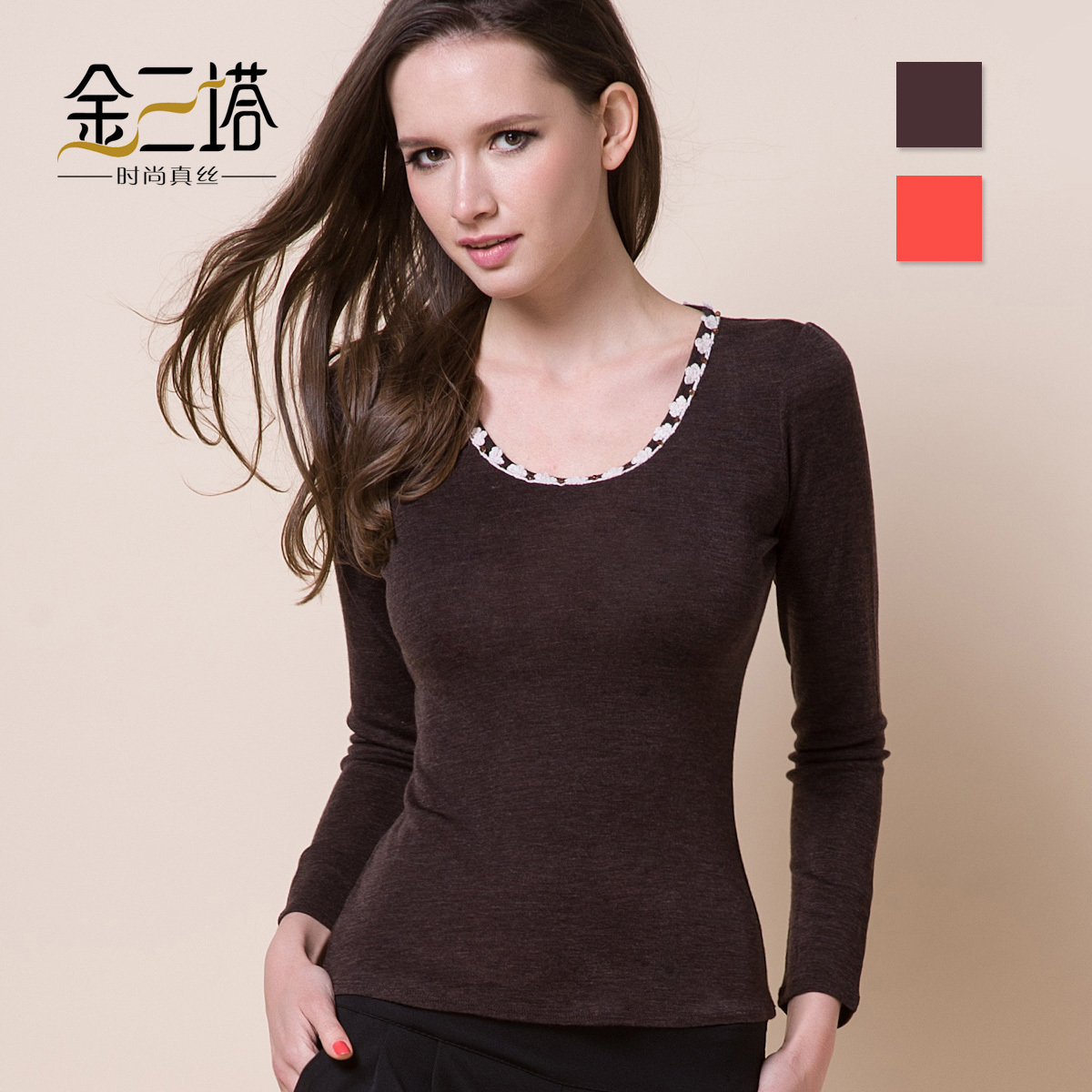 Winter new arrival mulberry silk wool blending crochet beading thermal basic shirt