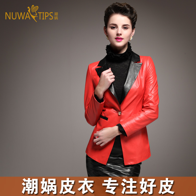 Winter new arrival outerwear p11 suit collar color block top small sheepskin slim short design genuine leather female leather