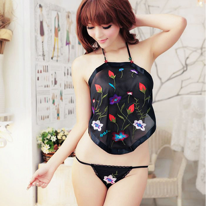 Winter new arrival royal embroidery underwear female sexy gauze transparent embroidered apron the temptation to sleep set