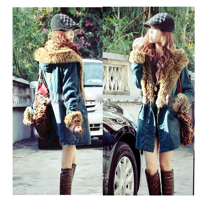 Winter new arrival vintage drawstring medium-long denim cotton-padded jacket thickening berber fleece denim wadded jacket