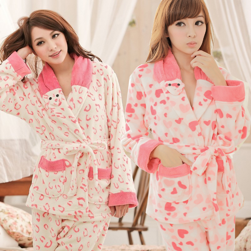 Winter new arrival women's coral fleece sleepwear super soft cartoon  lacing long-sleeve pajamas set