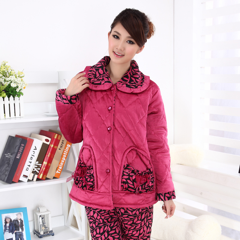 Winter new arrival women's print long-sleeve thickening coral fleece cotton-padded set lounge sleepwear j230